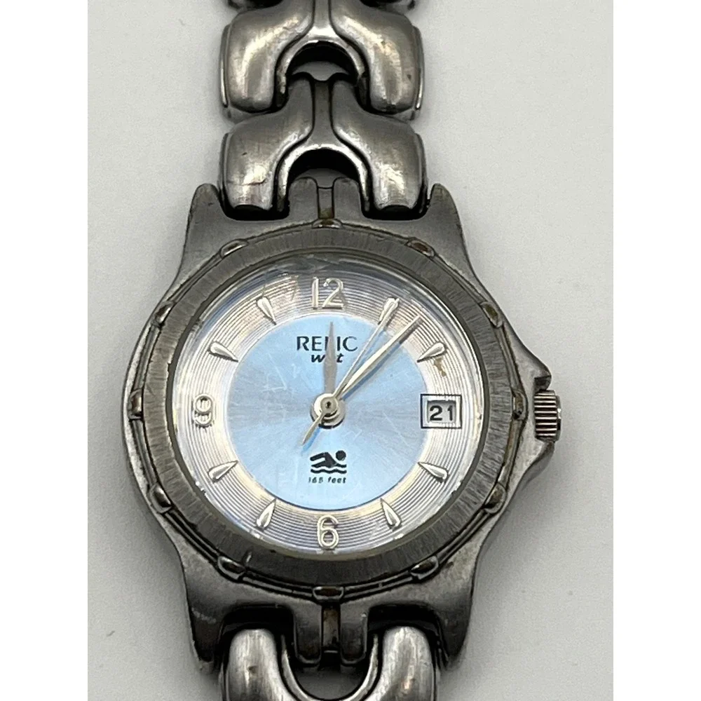 Relic Wet Womens Watch Silver Tone Blue Dial Date ZR11597 Water Resistant 165ft